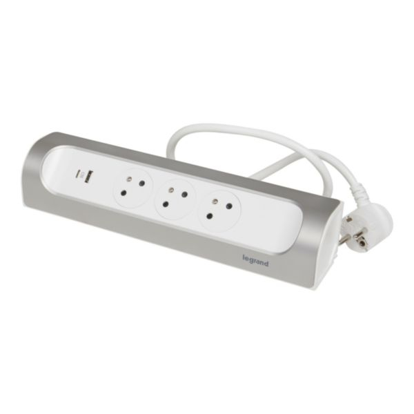 90 monteerbare contactdoos 3x2P+A USB A+C 1m snoer - alu